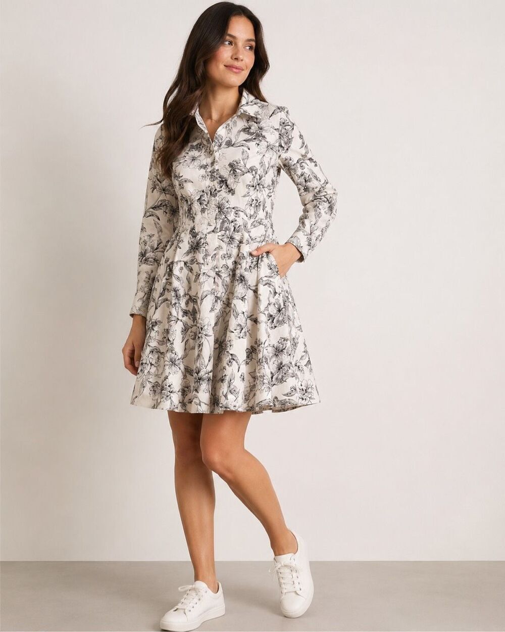 A New Day Floral Shirt Dress Women’s Small Black White 100% Cotton